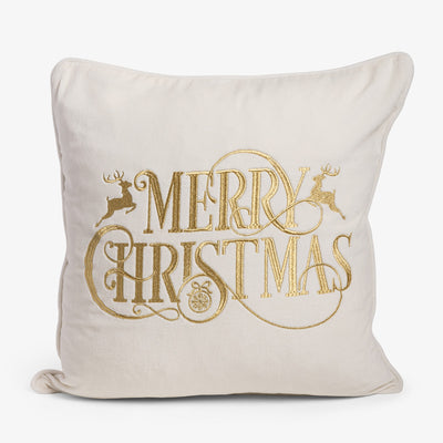 Merry Christmas Cushion Cover White & Gold Front