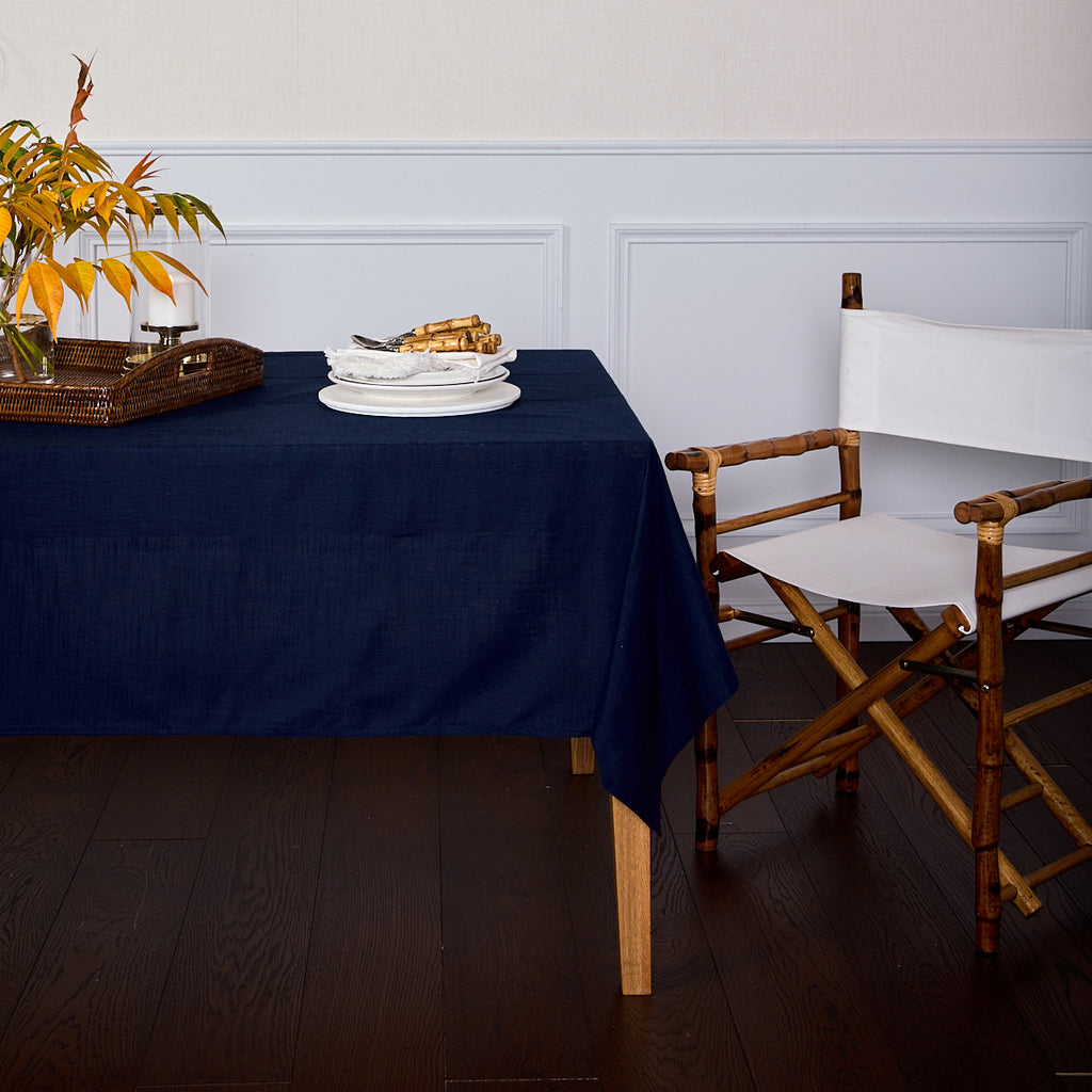 Navy Tablecloth Styled With Bamboo Chair