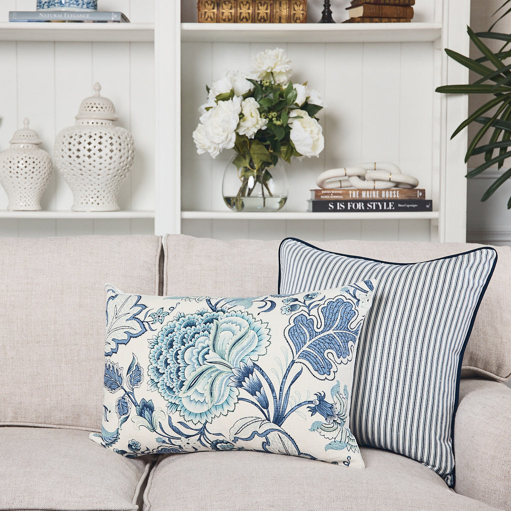 Ticking Stripe Cushion Cover Navy With Velvet Piping Styled With Cushions