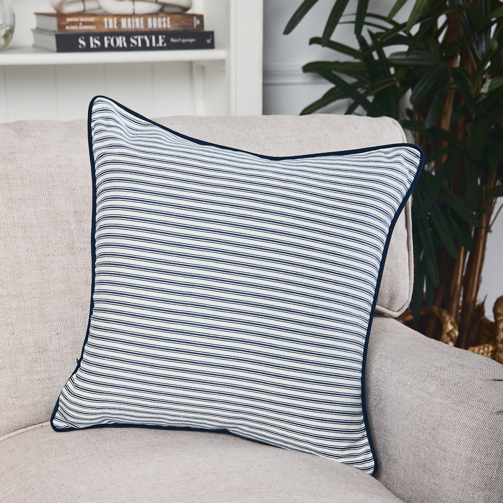 Ticking Stripe Cushion Cover Navy With Velvet Piping Style On Lounge