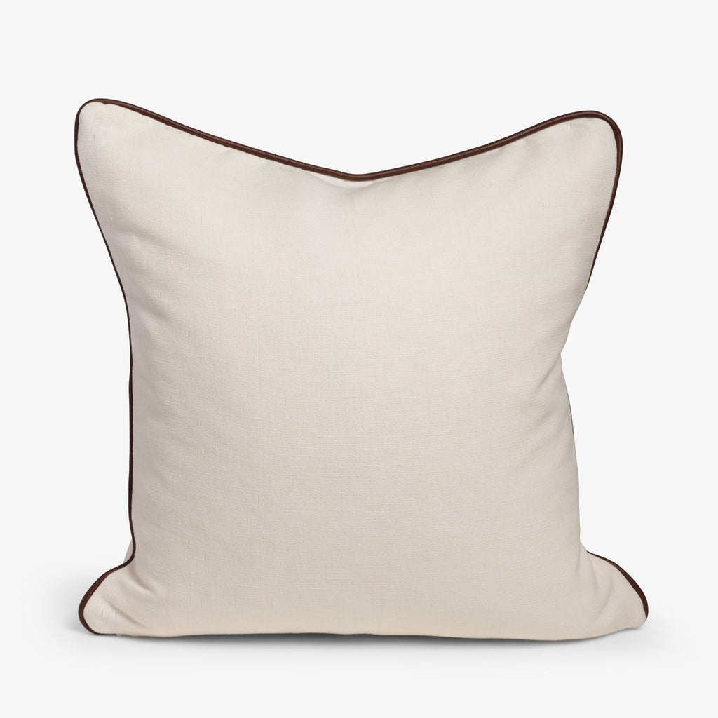 Textured White Cushion Cover With Brown Leather Piping