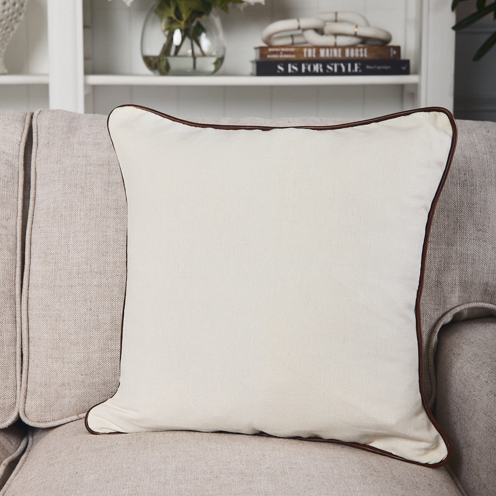 Textured White Cushion Cover With Brown Leather Piping