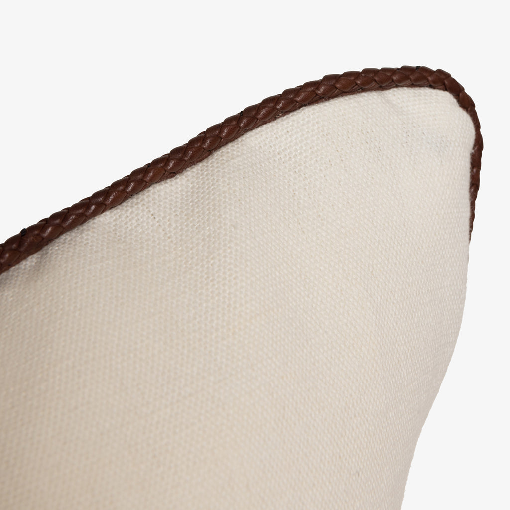 Textured White Cushion Cover With Brown Plaited Leather Piping