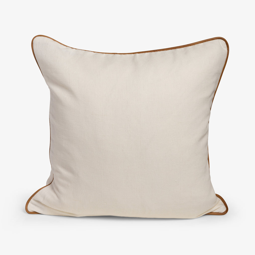 Textured White Cushion Cover With Tan Leather Piping