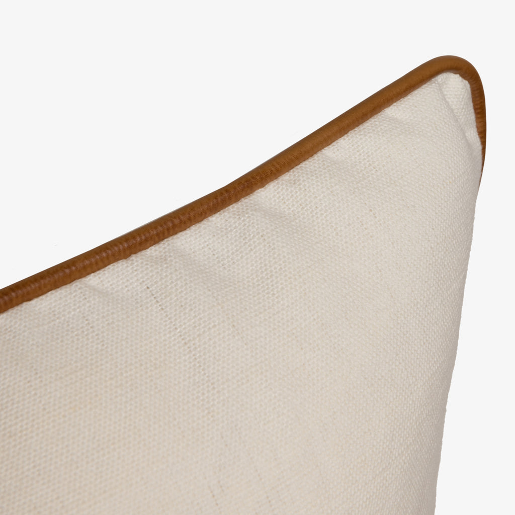 Textured White Cushion Cover With Tan Leather Piping