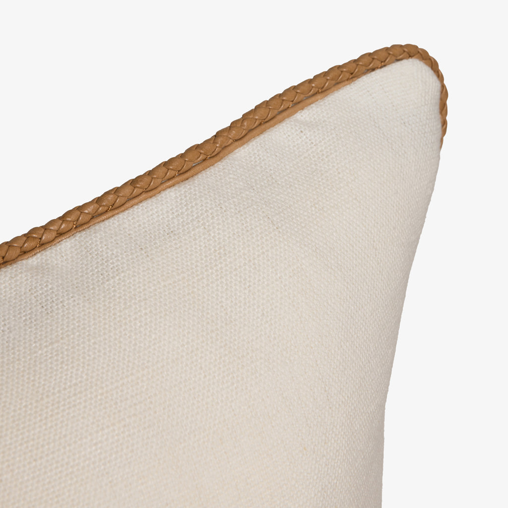 Textured White Cushion Cover With Tan Plaited Leather Piping