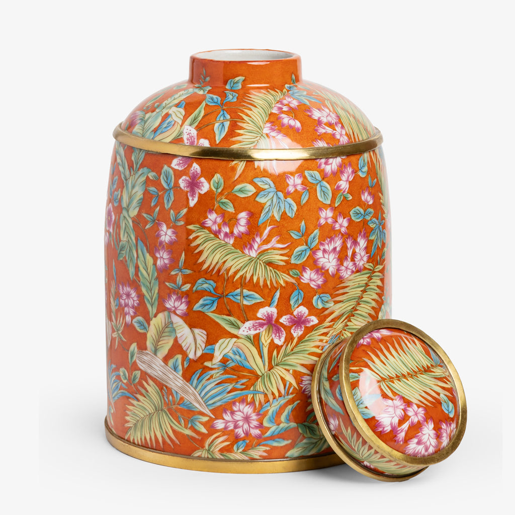 Orange Palm Round Pot With Lid Open