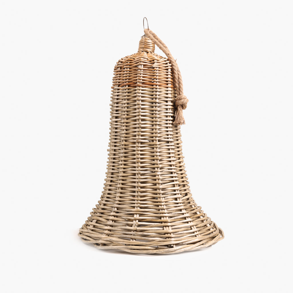 A natural woven wicker bell-shaped hanging ornament with a rope hanger, shown against a plain white background.