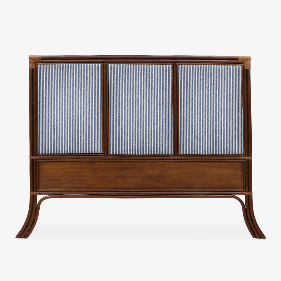 Rattan Indies Bedhead Brown With Custom Newport Stripe Navy Panels Front