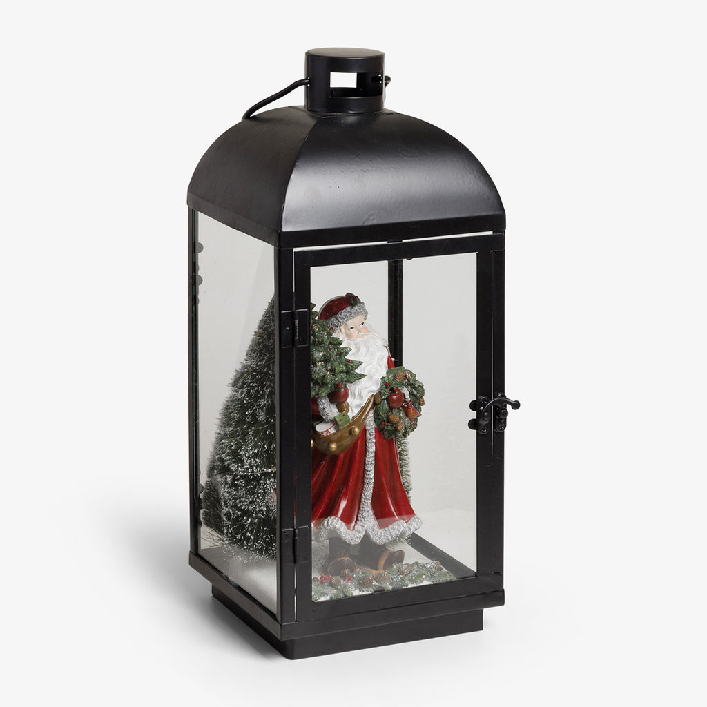 Santa Statue Black Lantern With LEDs Front