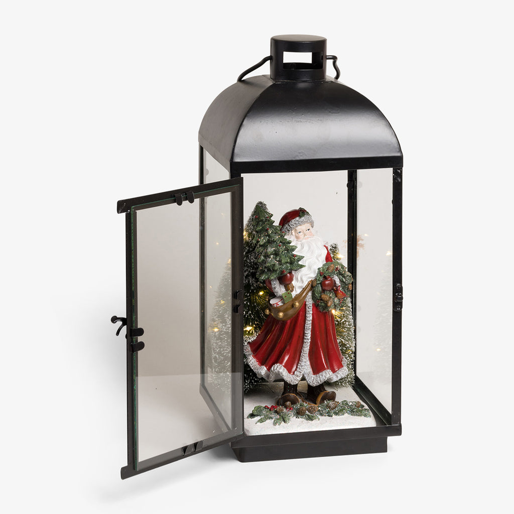 Santa Statue Black Lantern With LEDs Lights On