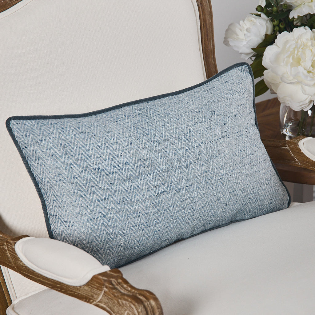 Sky Herringbone Cushion Cover With Off White Back Rectangular Styled On Armchair