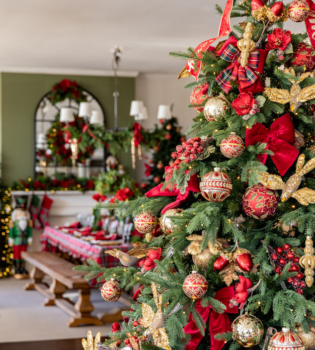 Vail Pre Lit Christmas Tree with Red and Gold Baubles and Ornaments 