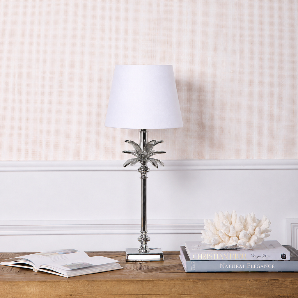 Silver Palm Lamp Styled On Table White Shade