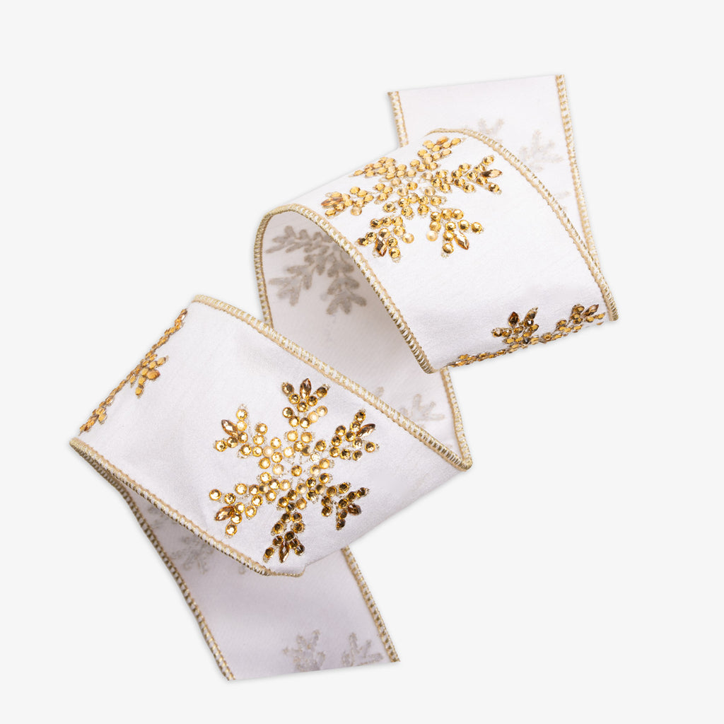 Snowflake Wire Ribbon (Ivory & Gold 9m) Front