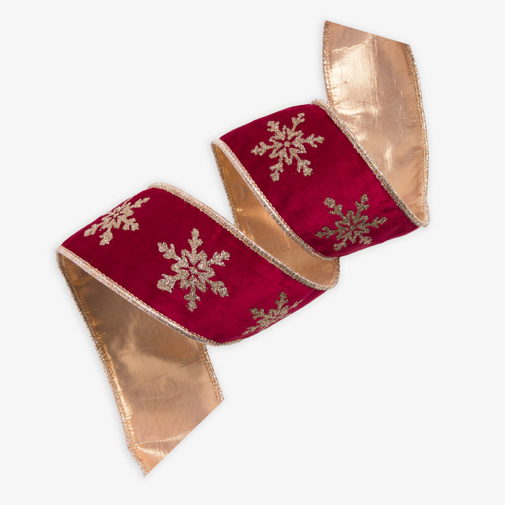 Snowflake Velvet Wire Ribbon Ruby & Gold 9m Front