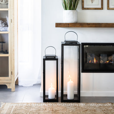 Square Lanterns Black Styled Next To Fireplace