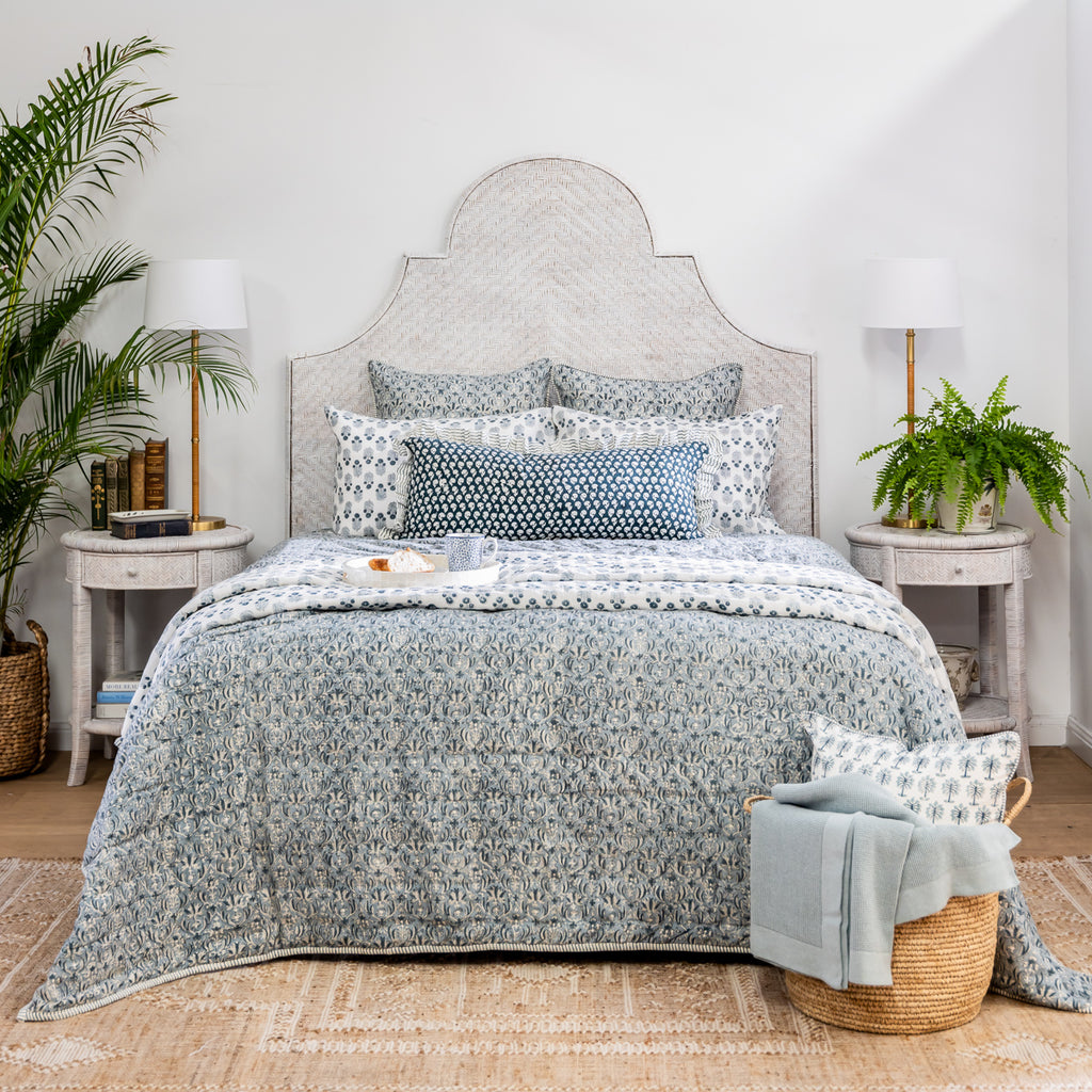 Dahlia Rattan Bedheads (White) Styled in Bedroom with Estelle Bedding and Island Decor