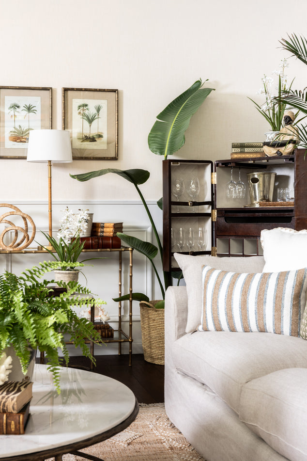 Island Style Living Room with Sofa, Bar Car, and Console with Island Accessories