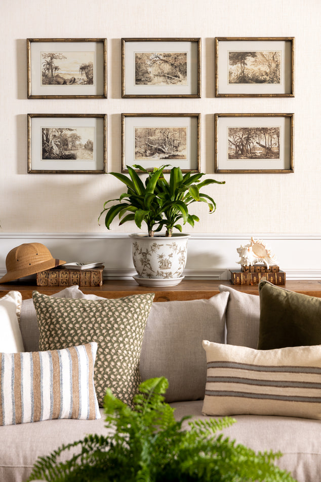 Island Style Living Room with Cushions on Sofa, Plant in Planter and Island Prints on Wall