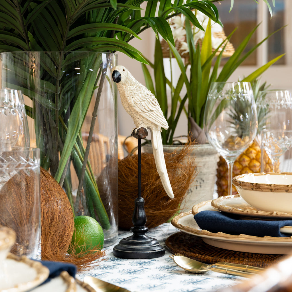 Parrot On Stand Sculptures (White) Styled on Island Dining Table