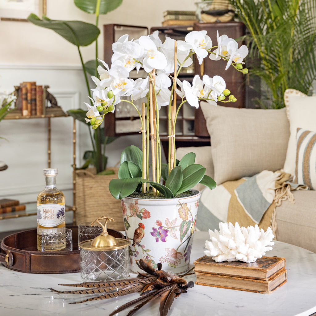 Tropical Bird & Flower Planters Styled on Coffee Table with Coral, Feathers, and Leather Decor