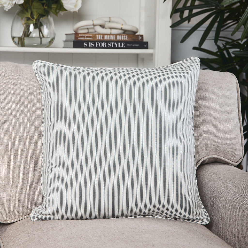 Ticking Stripe Cushion Cover Grey Styled On Lounge