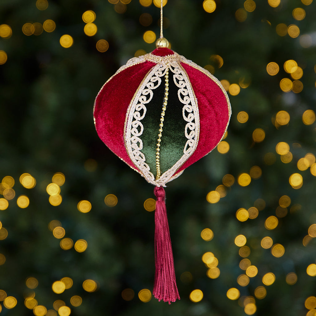 Velvet & Pearl Ornament Styled In Front Of Tree