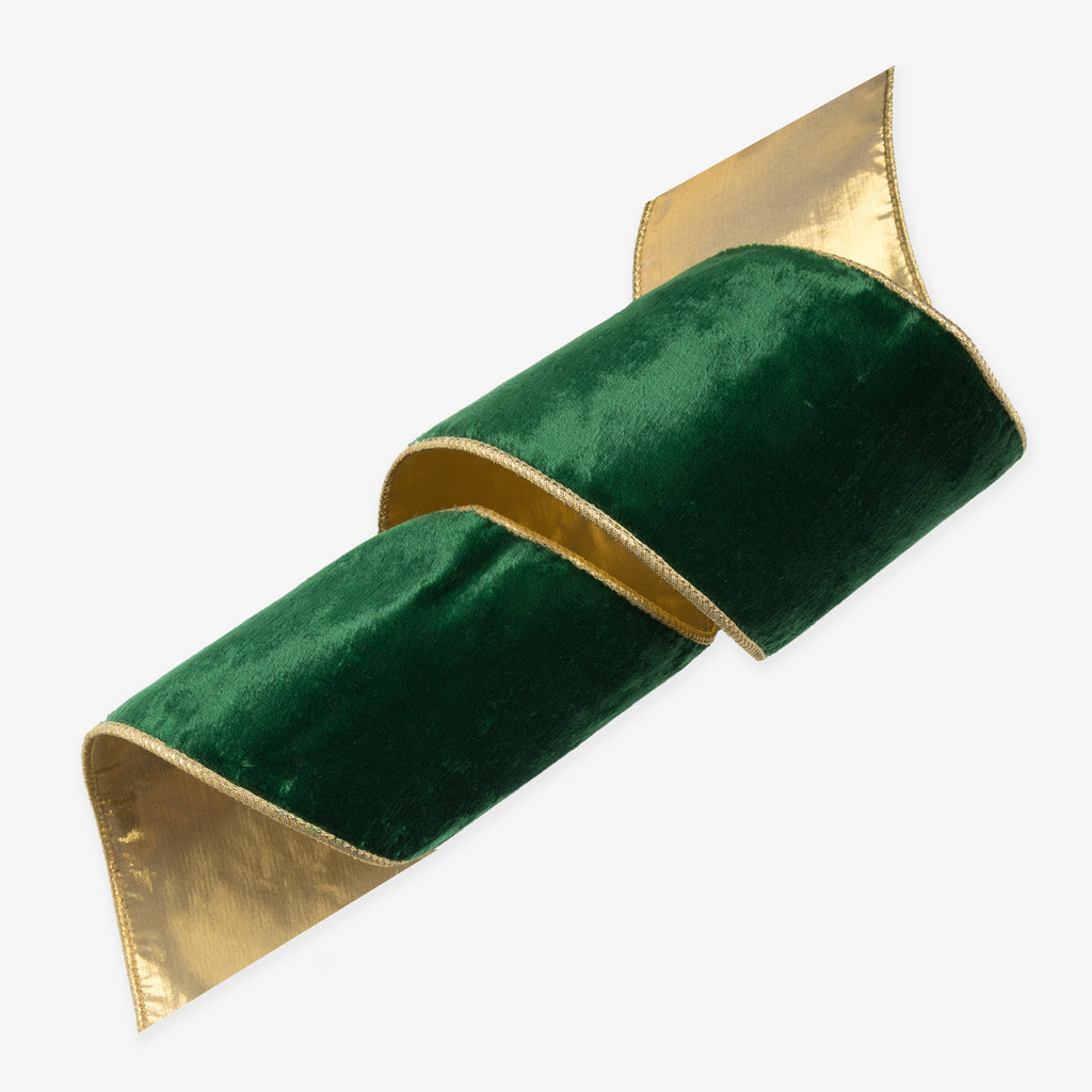 Velvet Wire Ribbon Green With Gold Edge 9m