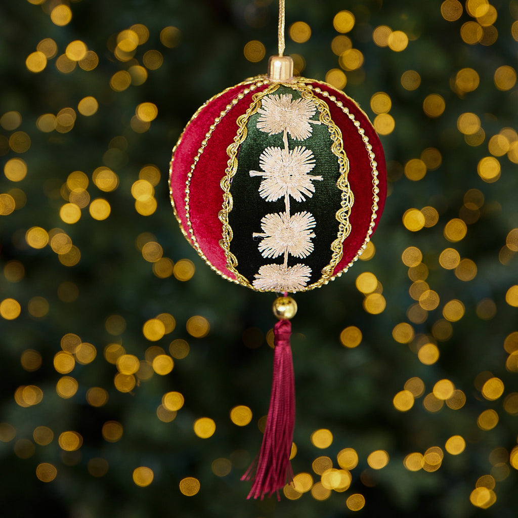 Velvet & Flower Ornament In Front Of Tree