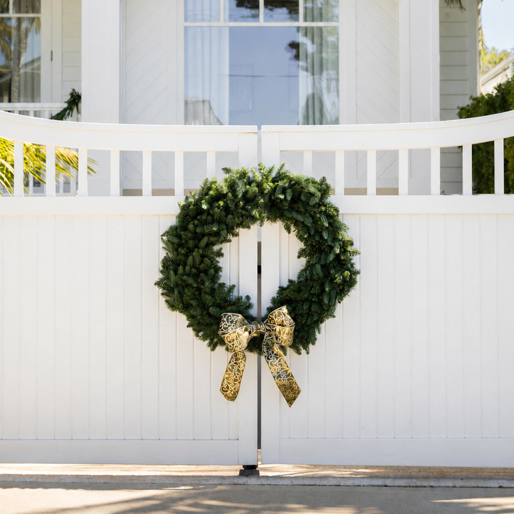 Vermont Green Pre-Lit Split Wreath 100cm hanging on white double gate.