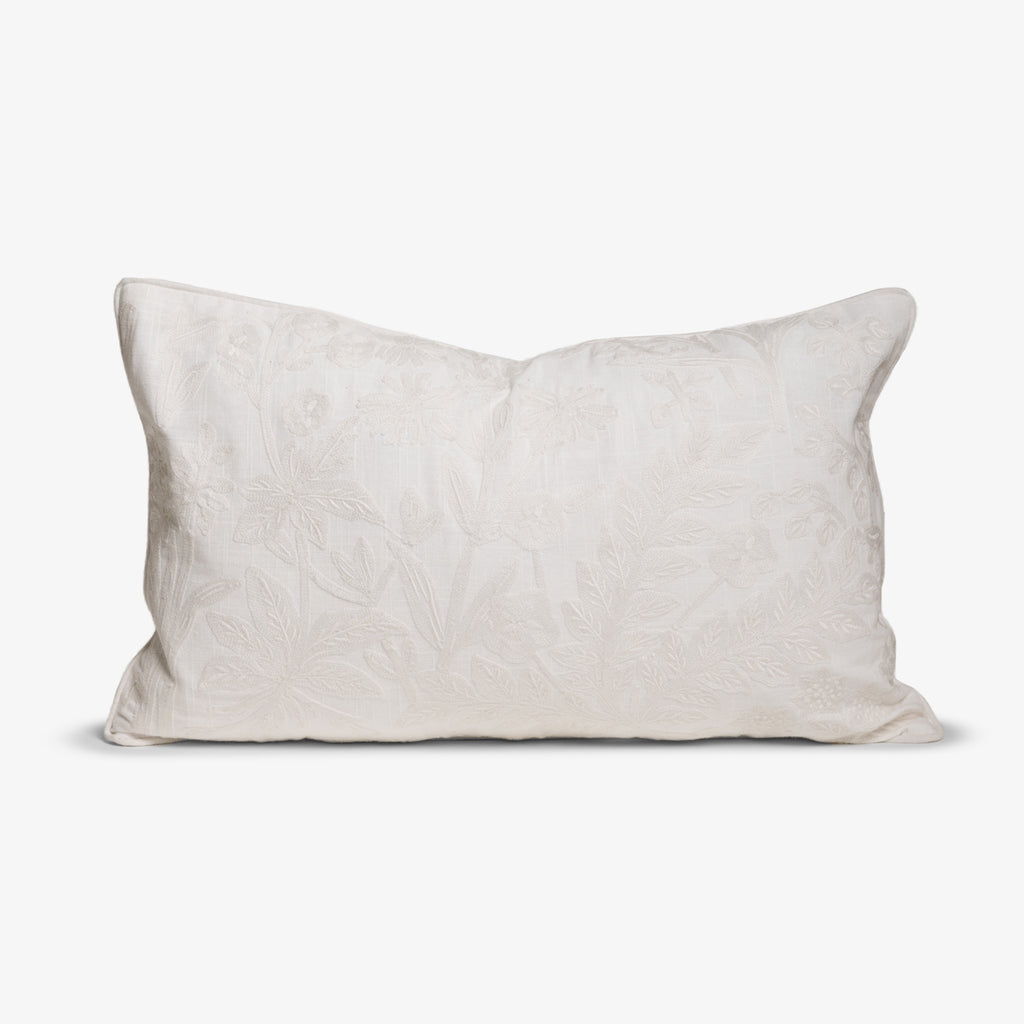 Embroidered Botanical Cushion Cover White Rectangular