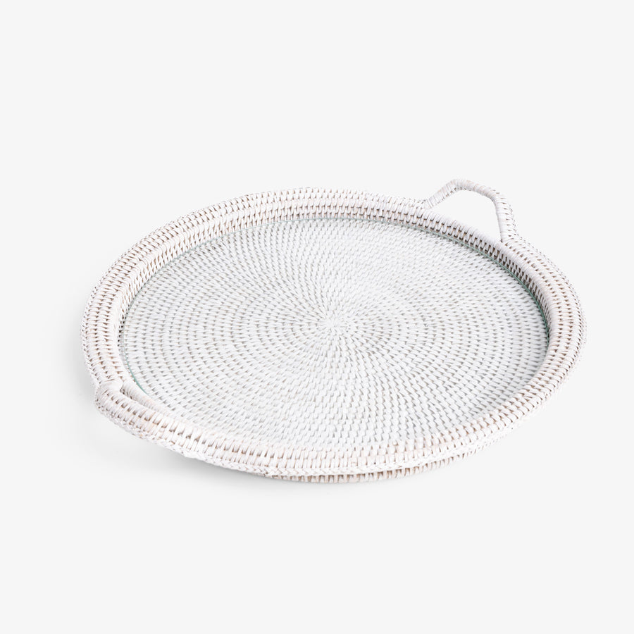 White Rattan Round Cheese Tray Glass with Handle 43cm Front