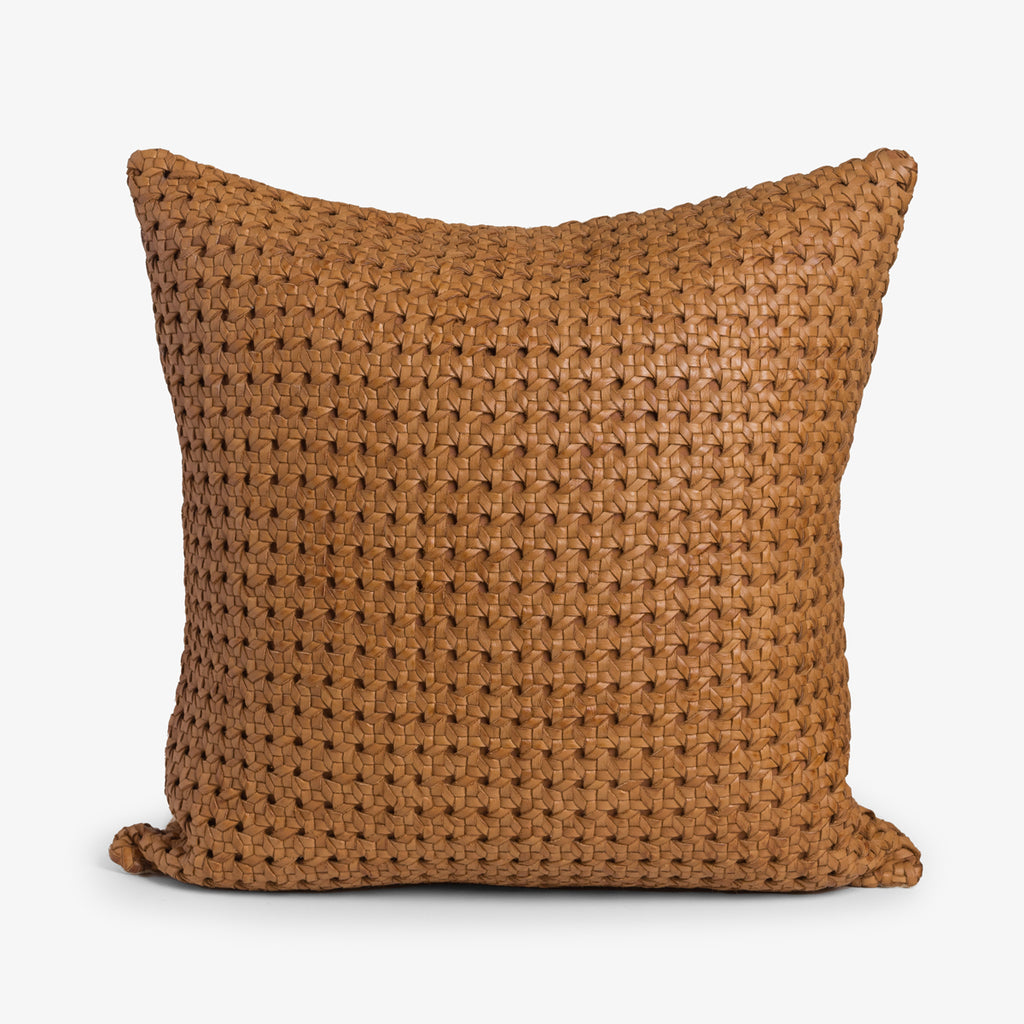 Leather Woven Cushion Cover Tan Geometric