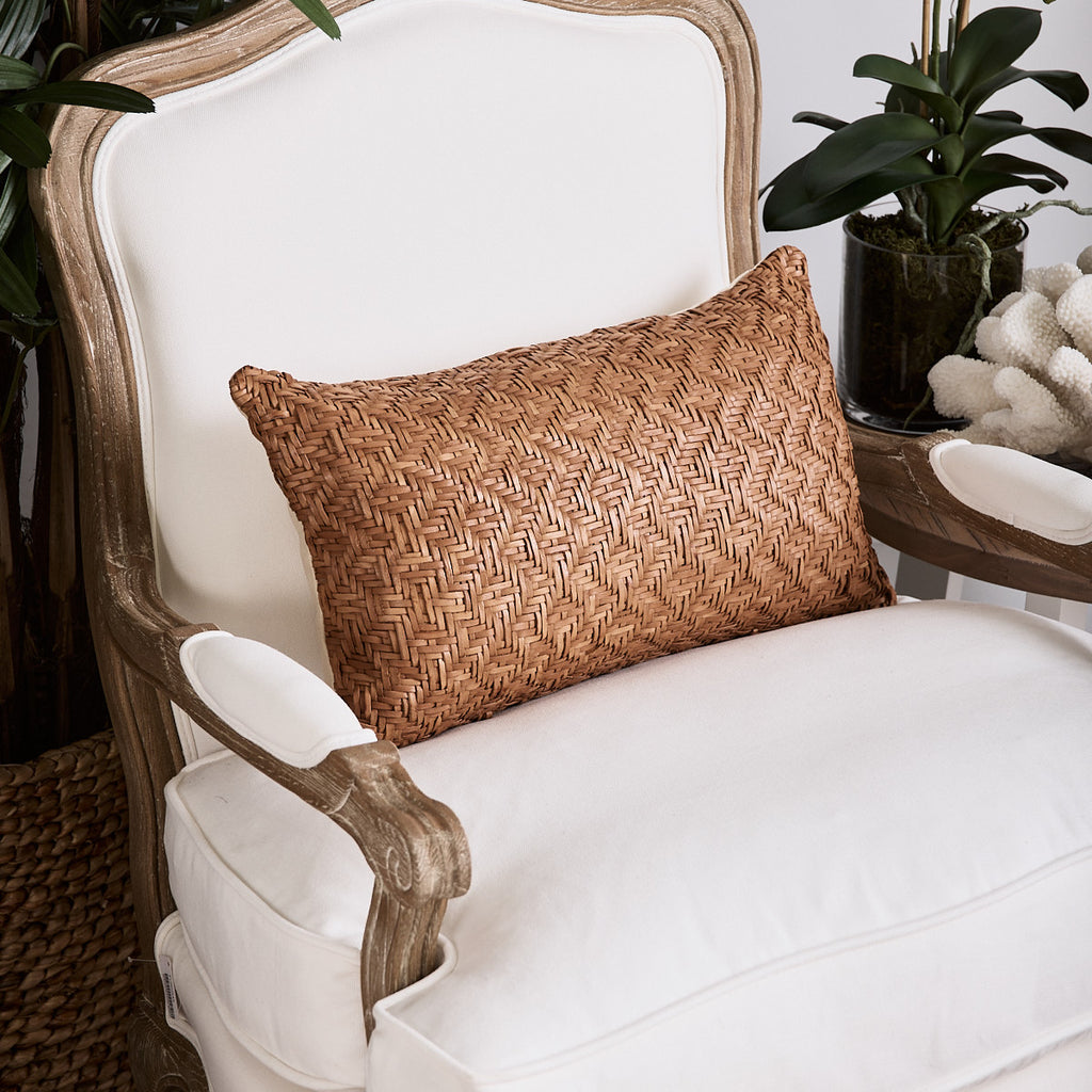 Leather Woven Cushion Cover Tan Rectangular Styled on Armchair