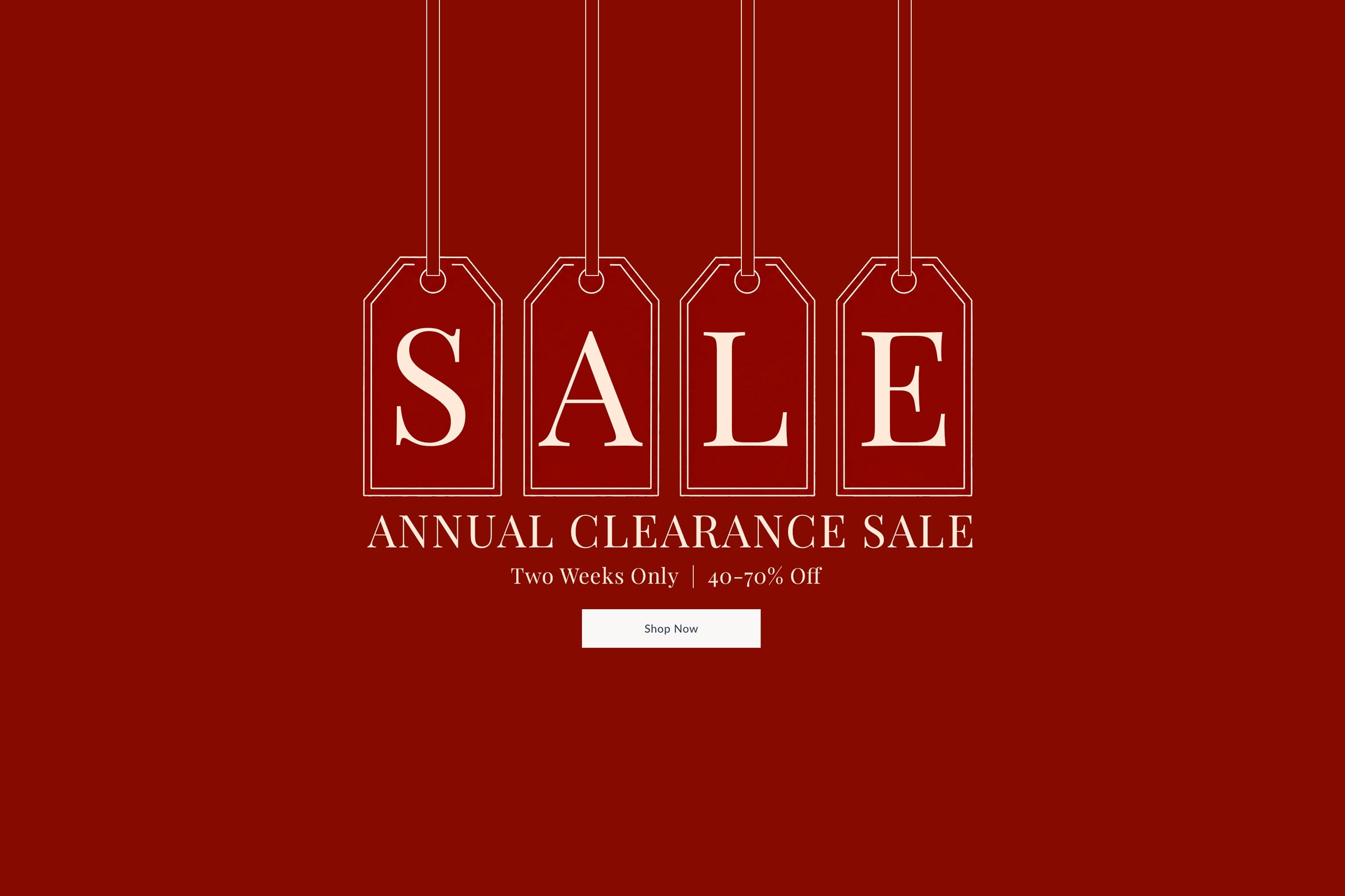 Annual clearance sale advertisement with hanging tags on a red background