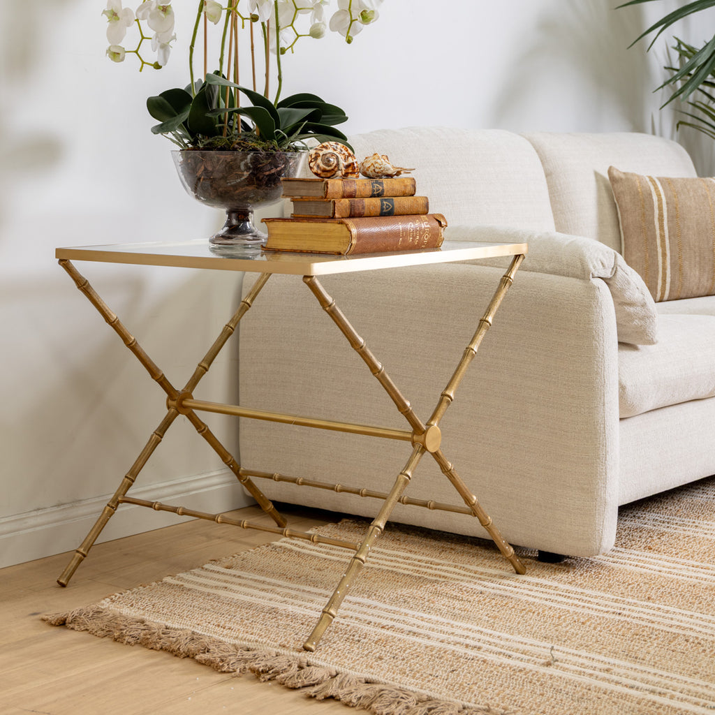 St Kitts Glass & Brass Bamboo Cross Leg Side Table Styled In Living Room With Book and Plant