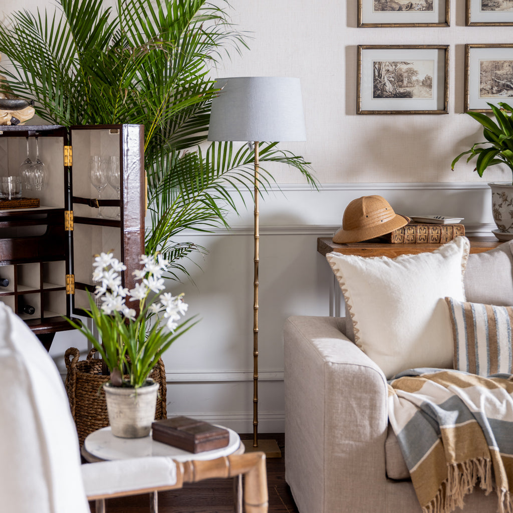 St Kitts Brass Bamboo Floor Lamp Styled Next to Console and Bar