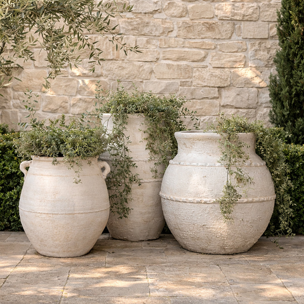 Antique White Planters Styled in Front of Tuscan Wall