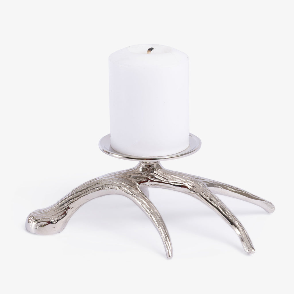 Antler Horn Metal Candle Holder (Silver) With White Candle