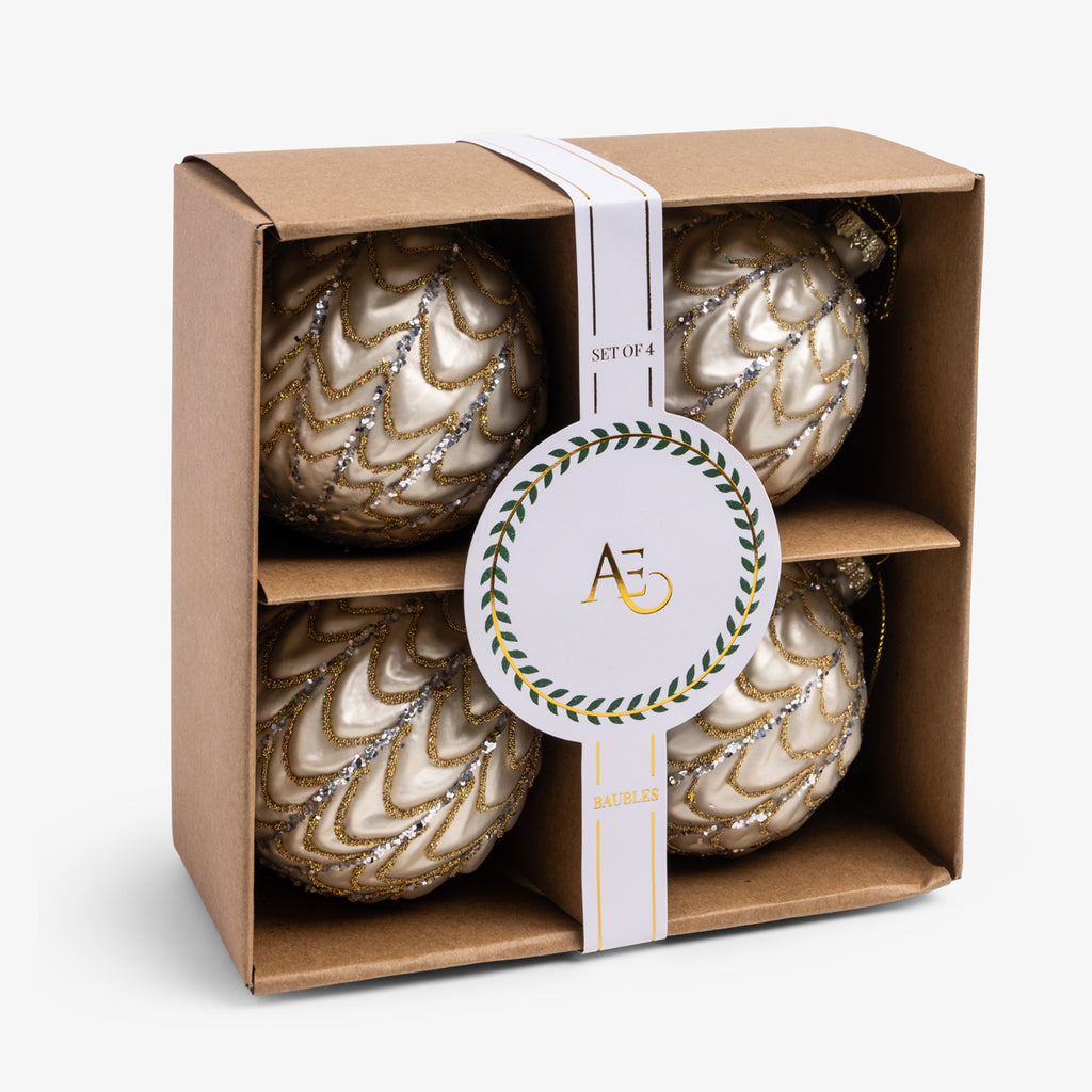 Art Deco Glass Bauble Set Of 4 (White & Gold) Box