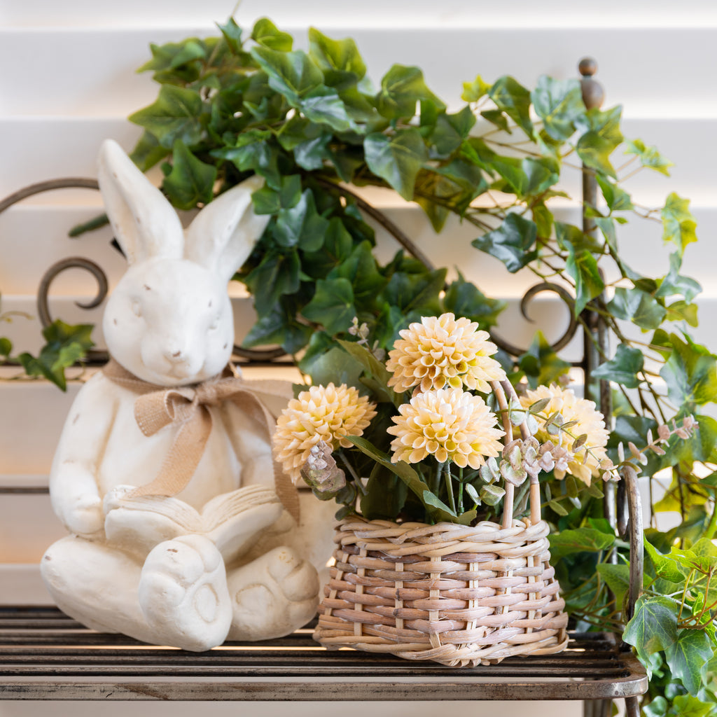 Artificial Chrysanthemum Arrangement 31cm Styled on Shelf with Bunny