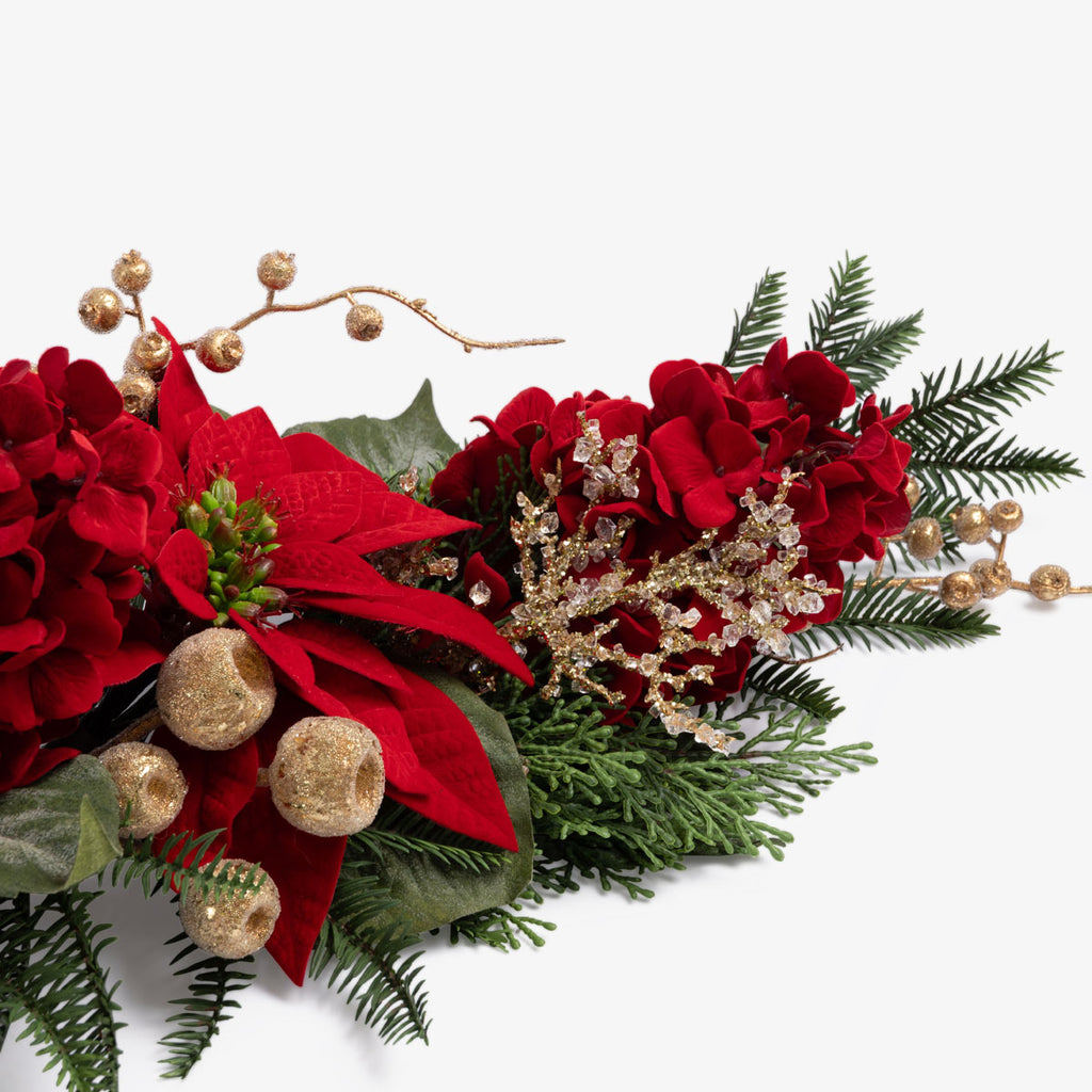 Artificial Hydrangea & Poinsettia Centre Piece (Red) Close Up
