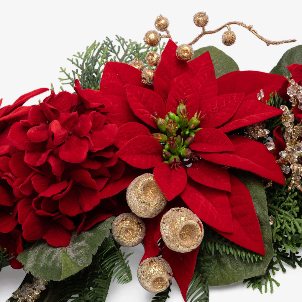 Artificial Hydrangea & Poinsettia Centre Piece (Red) Close Up