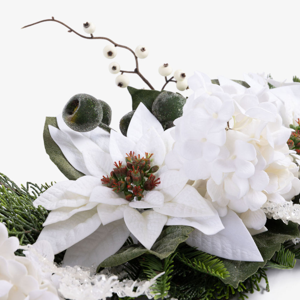 Artificial Hydrangea & Poinsettia Centre Piece (White) Close Up