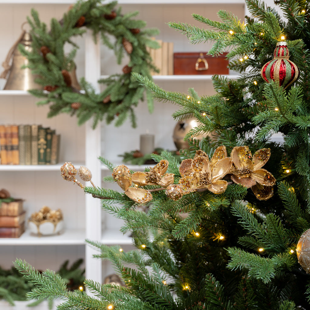 Artificial Magnolia Blossom Spray (Gold) Styled in Christmas Tree