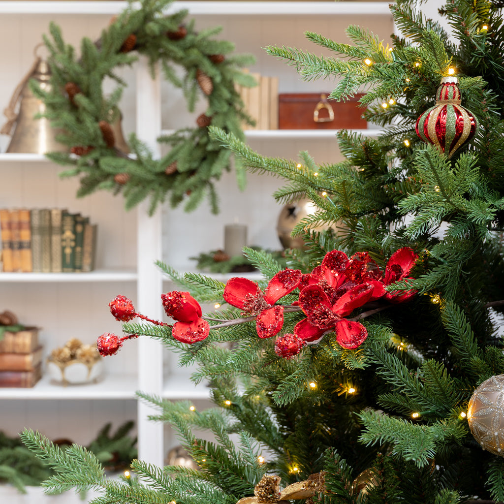 Artificial Magnolia Blossom Spray (Red) Styled in Christmas Tree