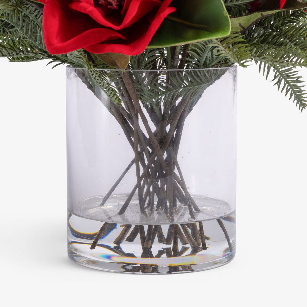 Artificial Magnolia & Poinsettia Arrangement In Glass (Red) Glass Close Up