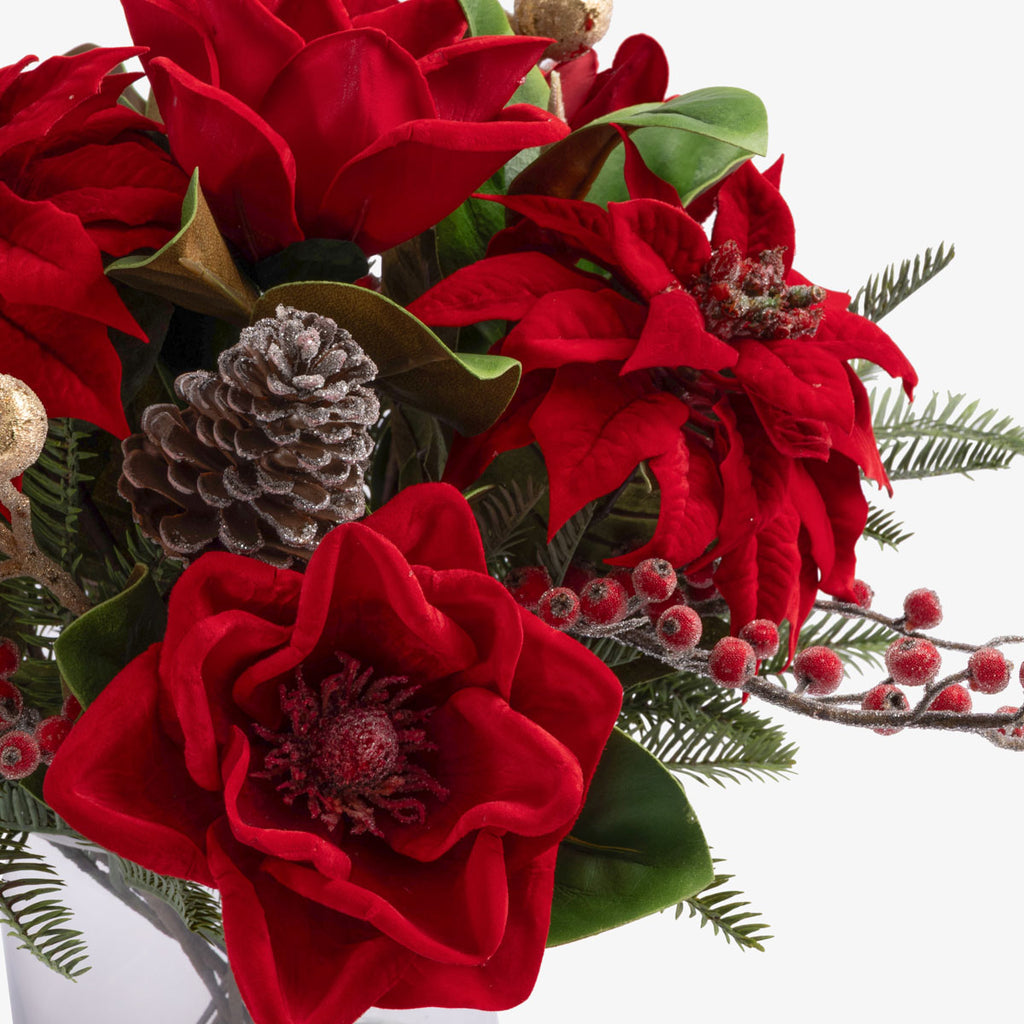 Artificial Magnolia & Poinsettia Arrangement In Glass (Red) Close Up