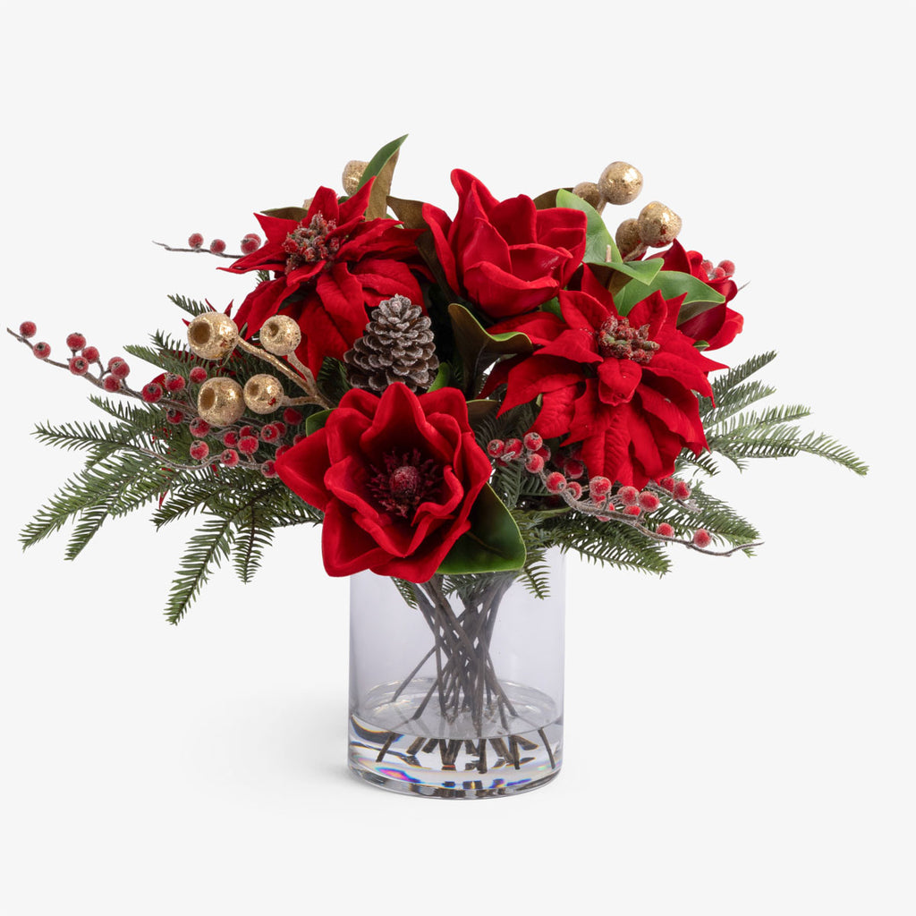 Artificial Magnolia & Poinsettia Arrangement In Glass (Red)